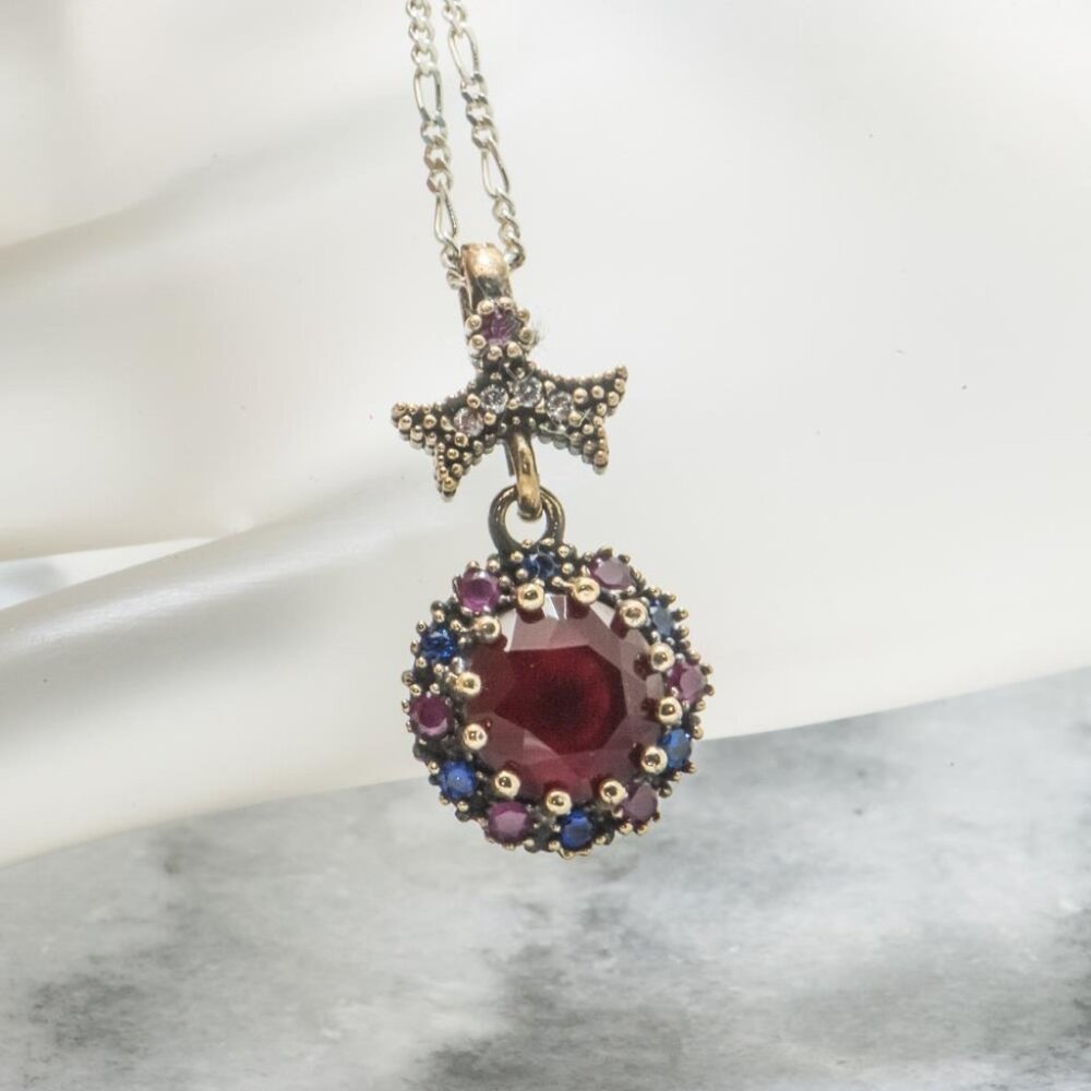 Vintage Womens Ruby & Sapphires Pendant 14kt & 925 Silver